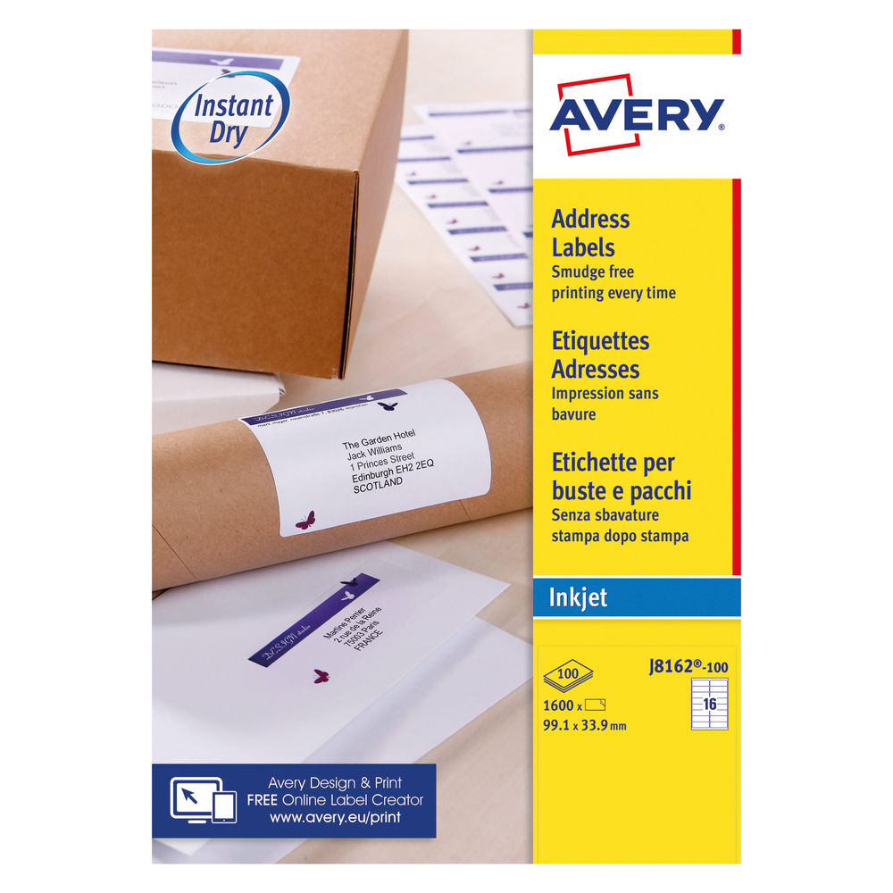 Avery Inkjet Address Labels QuickDRY 99.1x33.9mm 16 Per Sheet White (1600 Pack) J8162-100