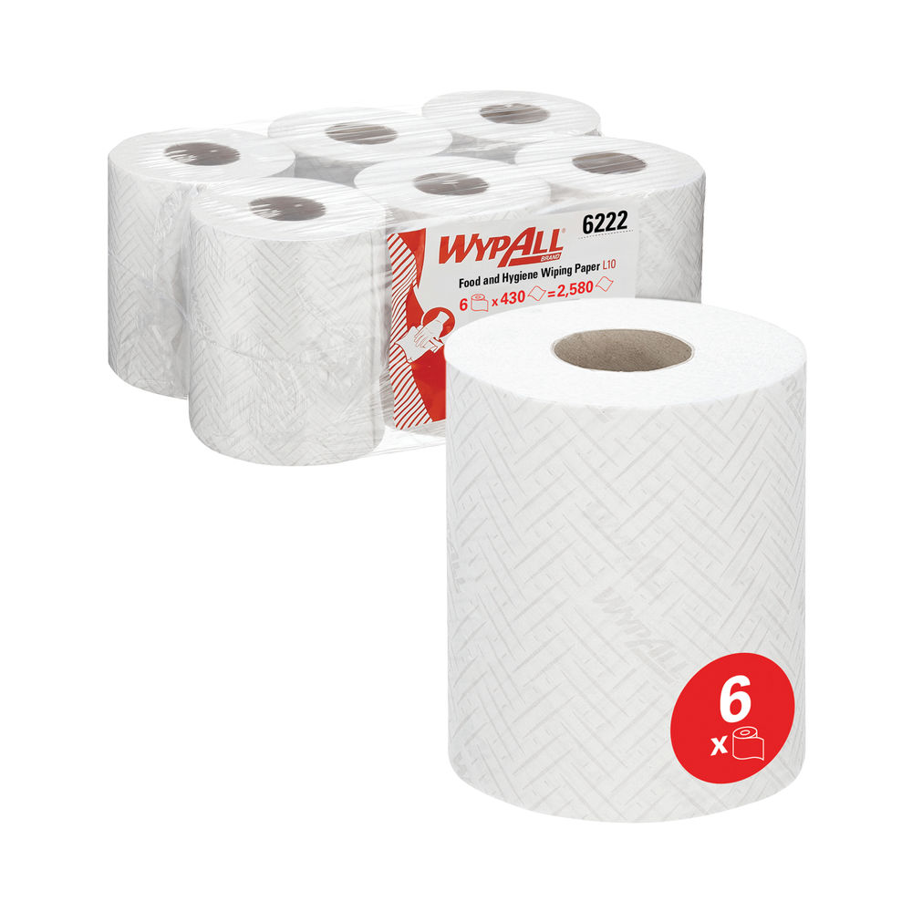 WypAll L10 Food and Hygiene Centrefeed Paper Rolls 1 Ply White (Pack of 6) 6222