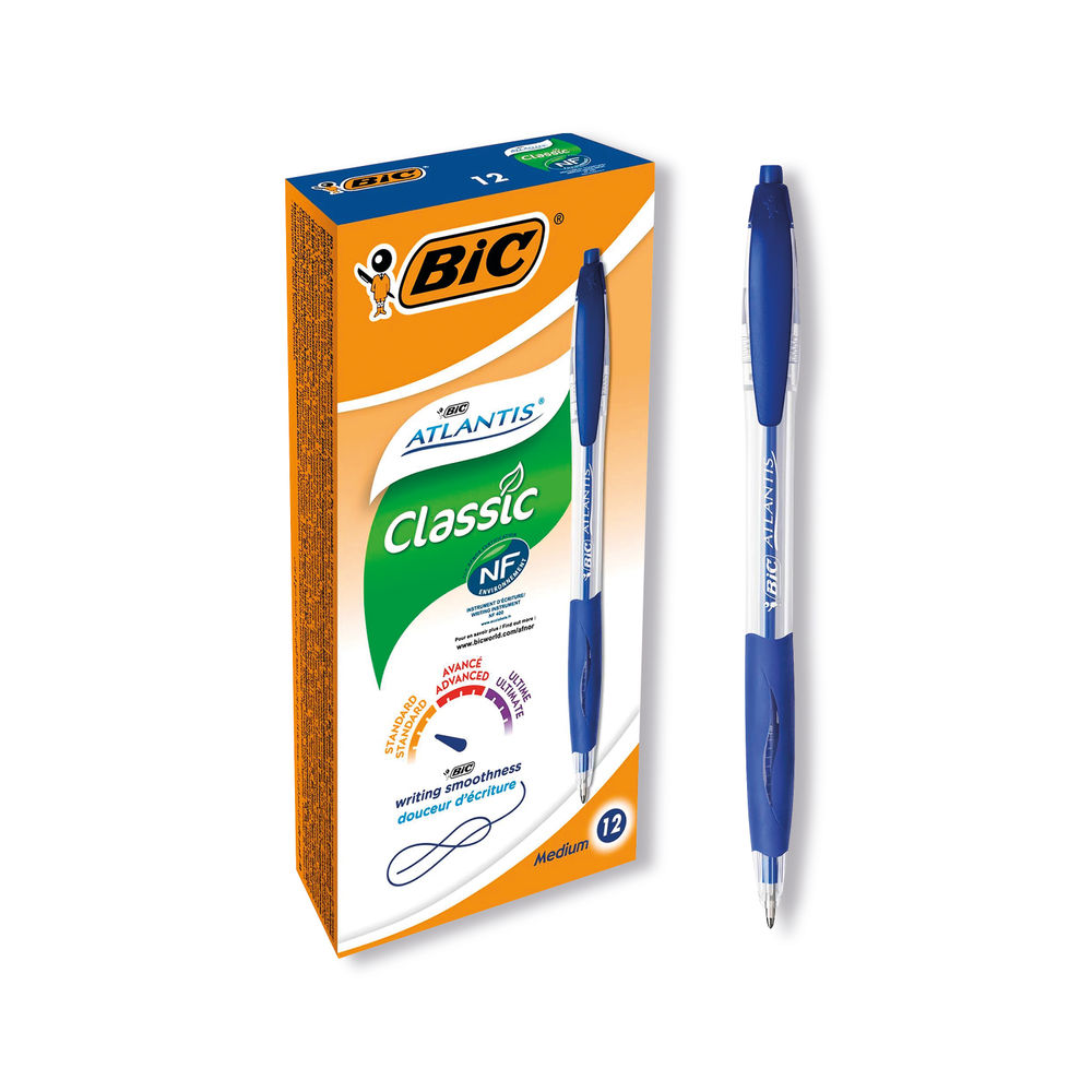 Bic Atlantis Retractable Blue Ballpoint Pens - Pack of 12 - 933975