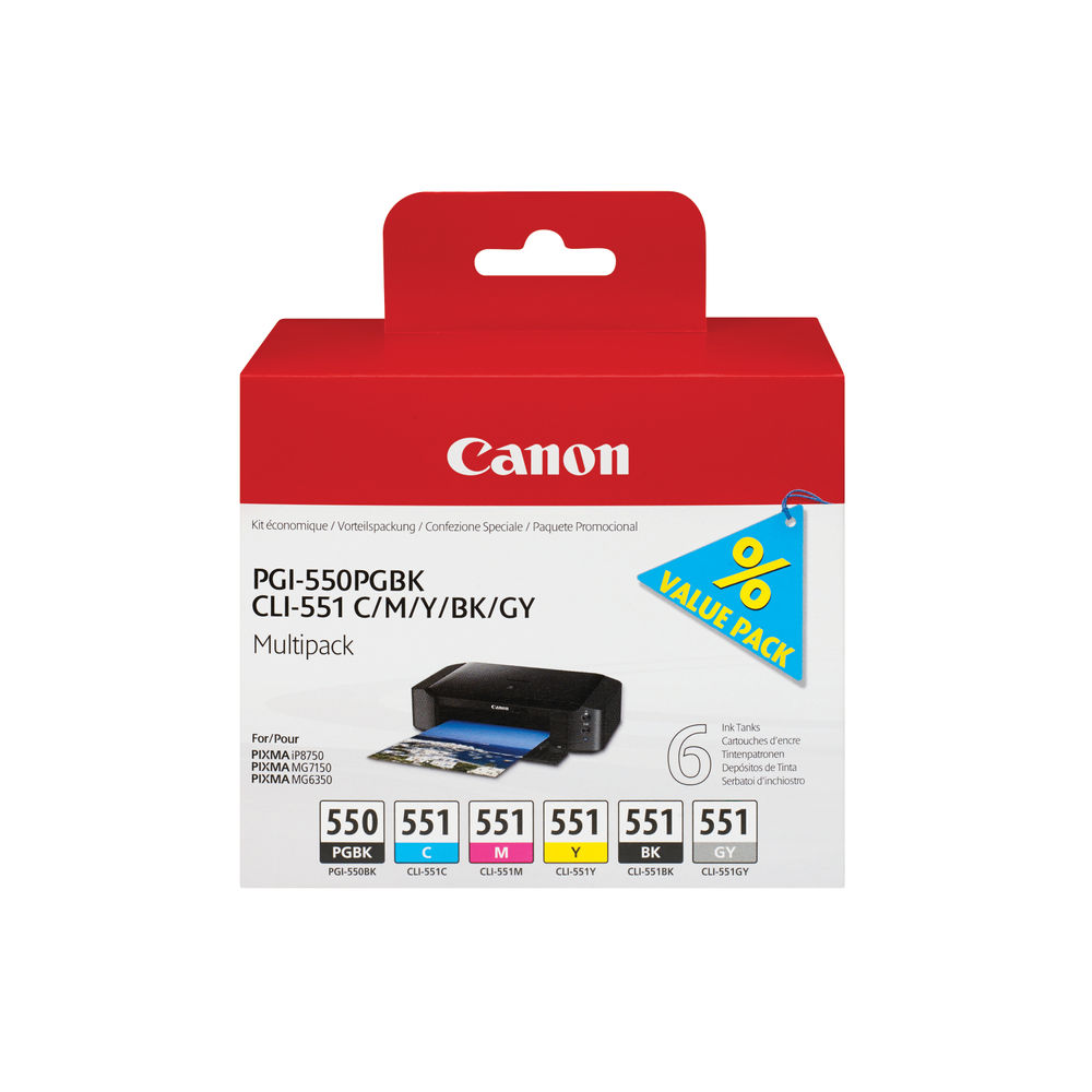 Canon PGI-550 and CLI-551 Ink Cartridge Multipack, Pack of 6 Inks - 6496B005