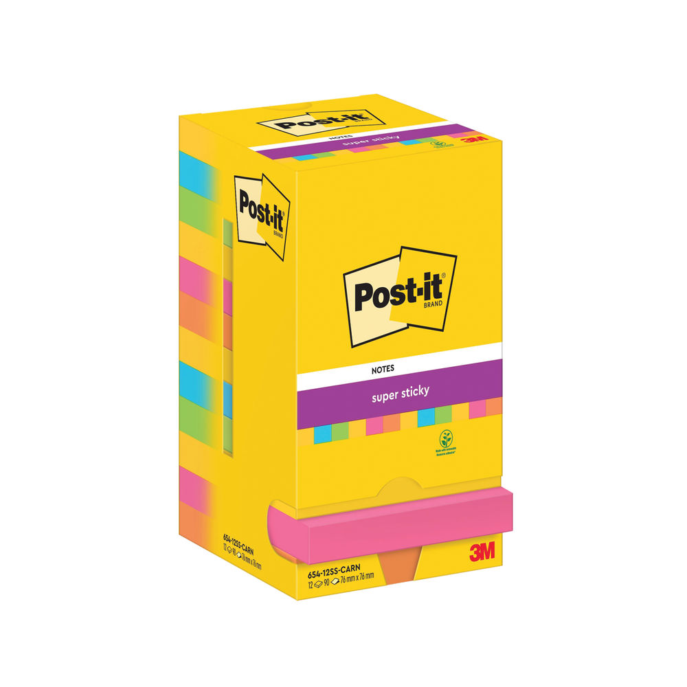 Post-it Super Sticky 76x76mm 90 Sheets Carnival Cardboard Packaging (Pack of 12) 654-12SS-CARN