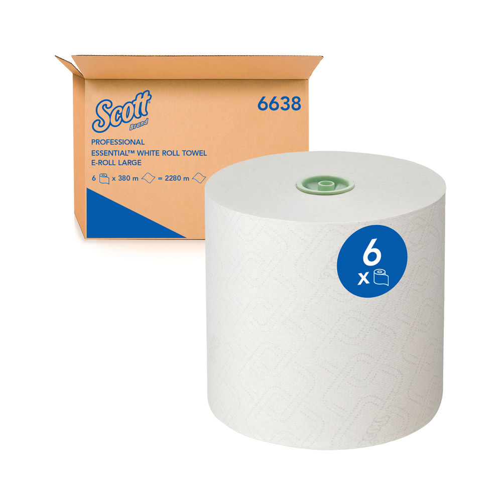 Scott Essential 1-Ply Hand Towels Roll E-Roll Large White (Pack of 6) 6638