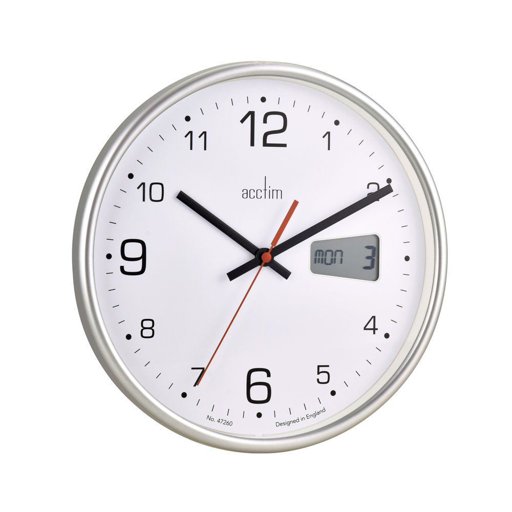 Acctim Kalendar Wall Clock with Digital Date 270mm Diameter Silver Frame