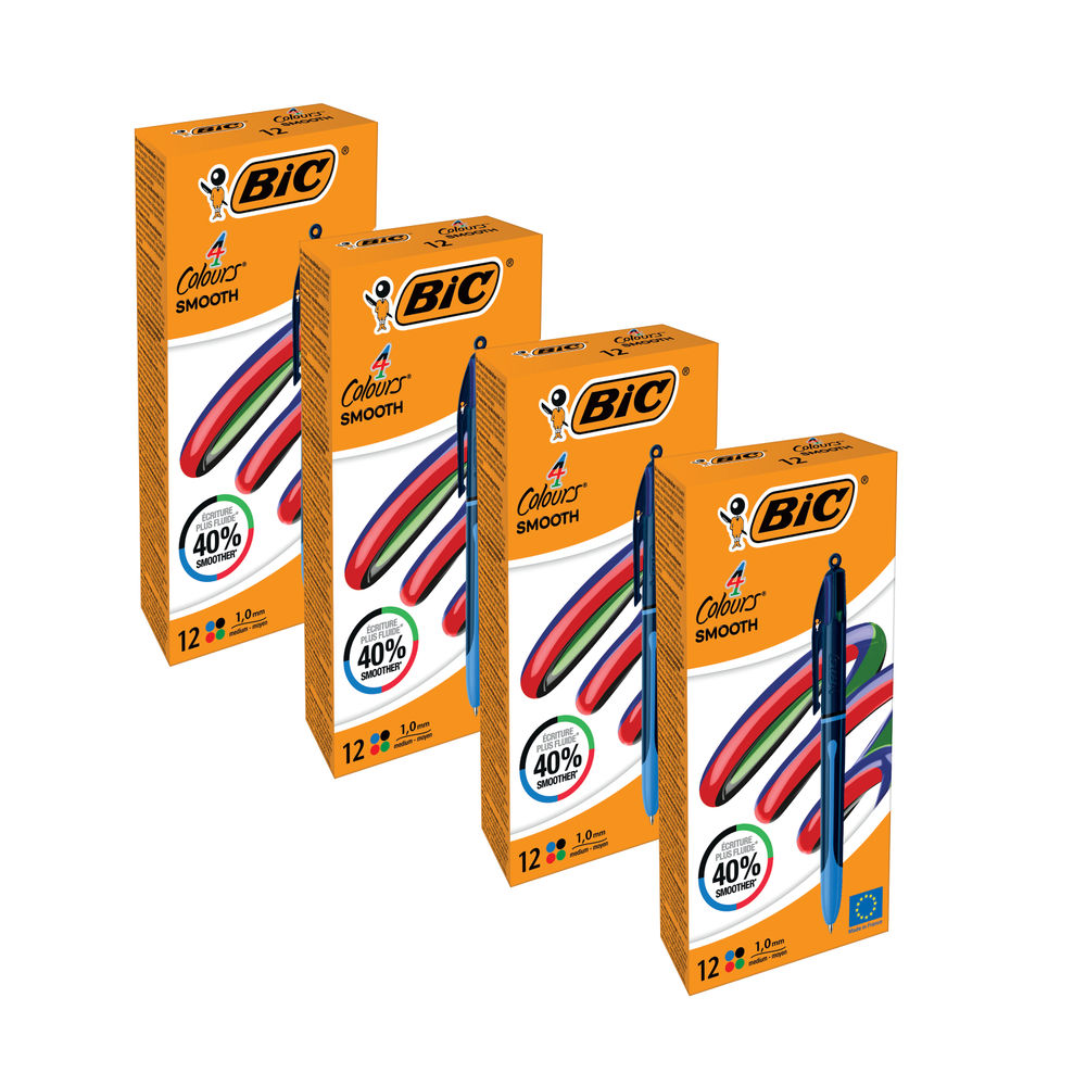 Bic 4 Colour Pro Ballpoint Pen Black Barrel Medium Pack of 12 4 For 3