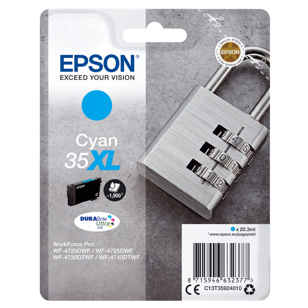 Epson 35XL Ink Cartridge DURABrite Ultra High Yield Padlock Cyan C13T35924010