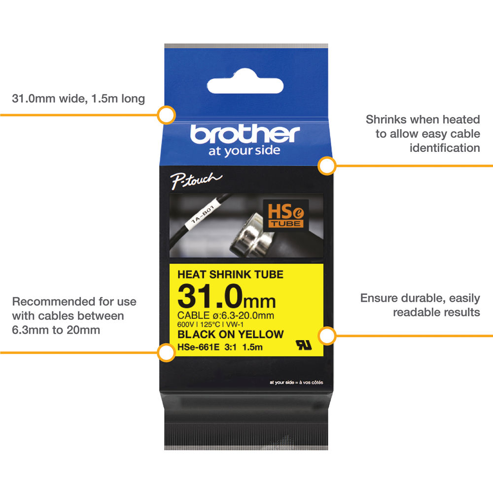 Brother HSe-661E 31.0mm Black on Yellow Heat Shrink Tube Tape