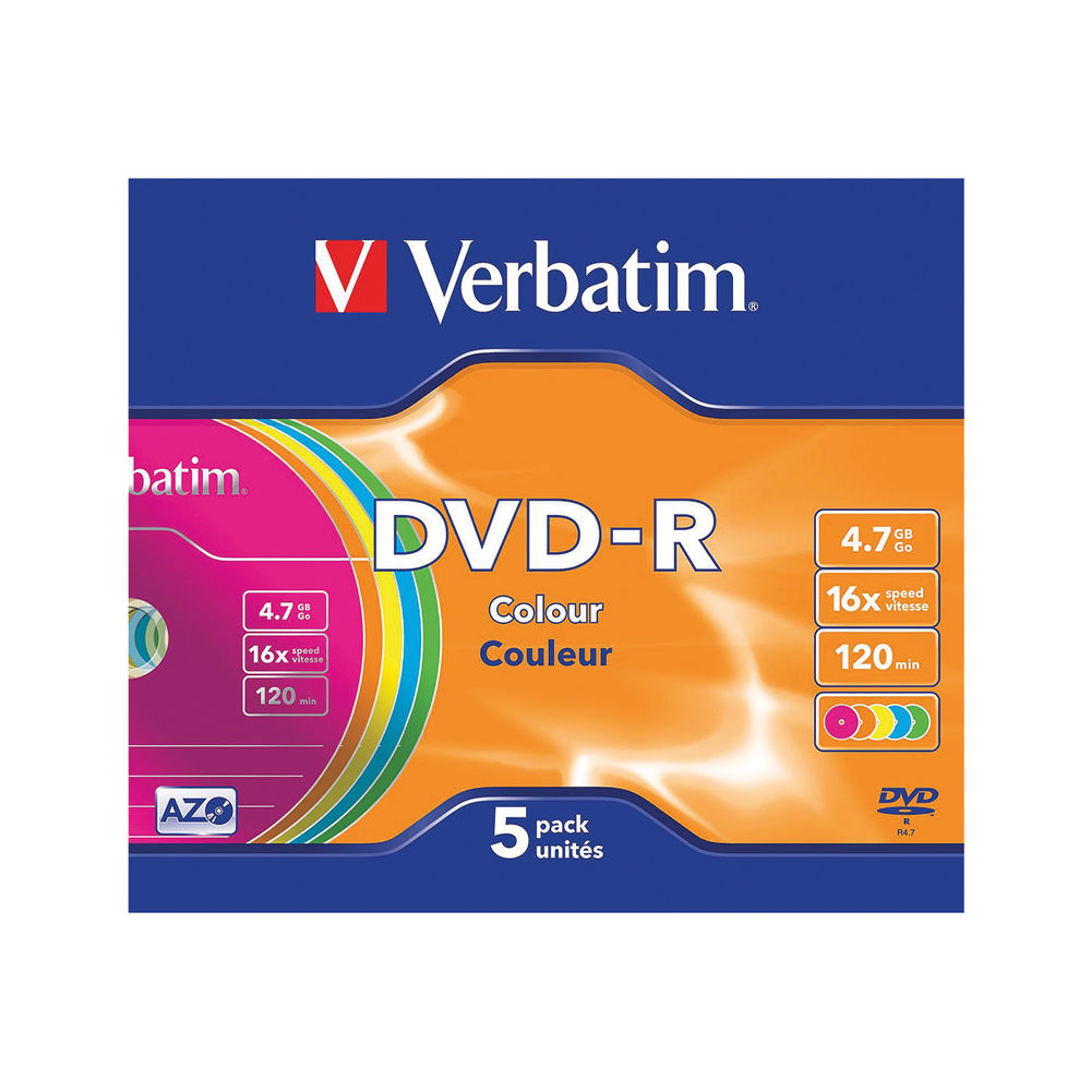 Verbatim 4 7gb 16x Speed Colour Dvd R Jewel Case Pack Of 5
