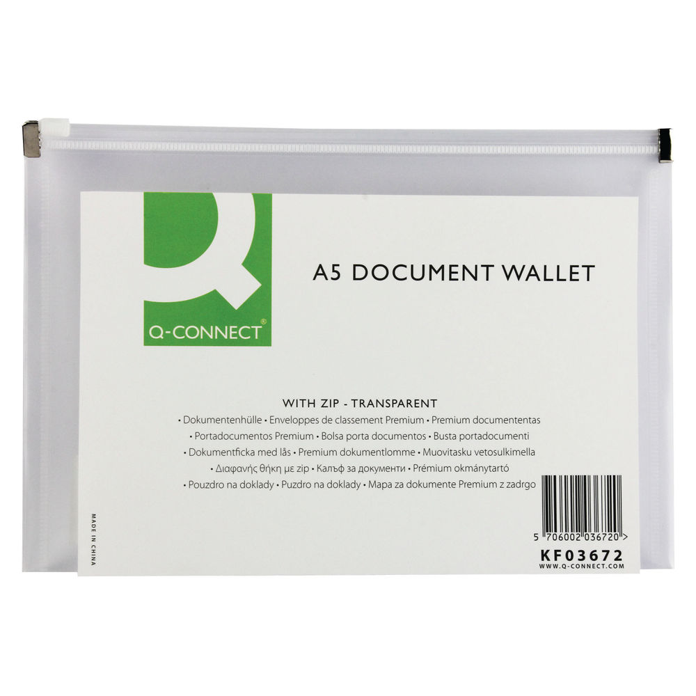 Q-Connect Document Zip Wallet A5 Transparent (Pack of 10) KF03672