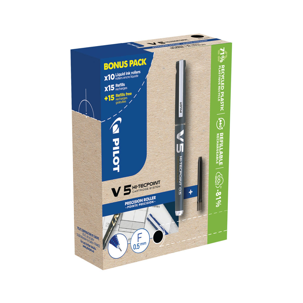 Pilot Hi-Tecpoint V5 Liquid Ink Rollerball Pen Black 10 Pens + 30 Refills (Pack of 40) 3131910556237