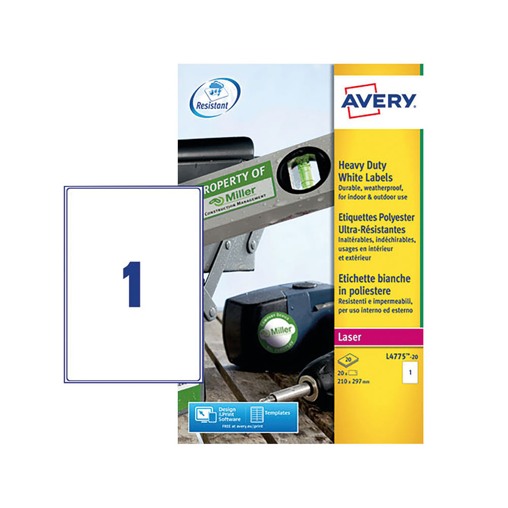 Avery Laser Label Heavy Duty 1 Per Sheet White (Pack of 20)