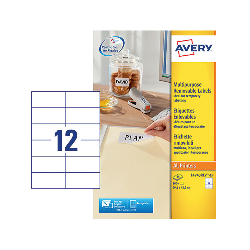 Avery Removable Labels 12 Per Sheet White (Pack of 300)