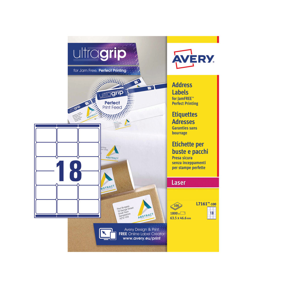 Avery 63.5 x 46.6mm White Ultragrip Laser Labels (Pack of 1800)