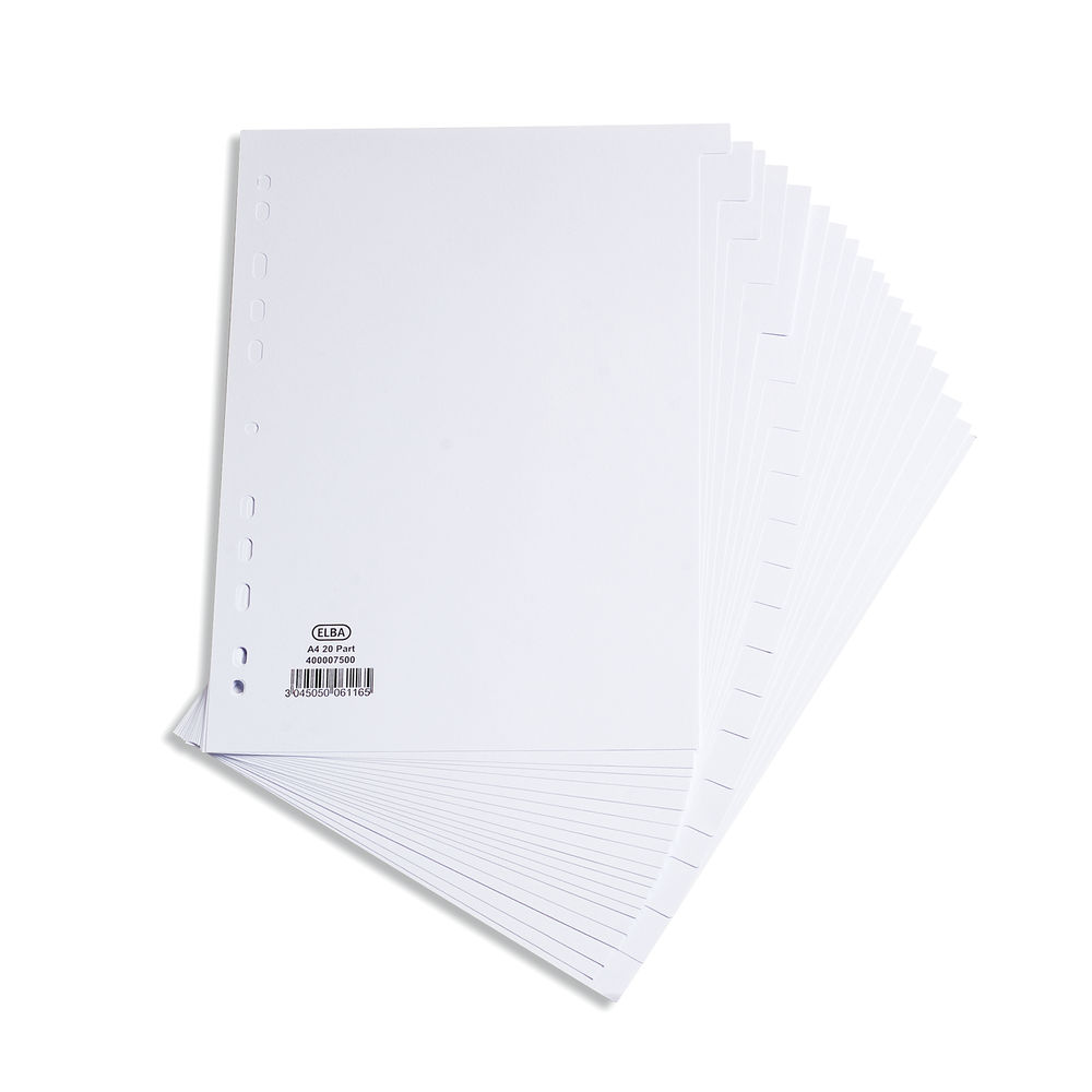 Elba A4 White 20 Part Plain Tabs Index Dividers