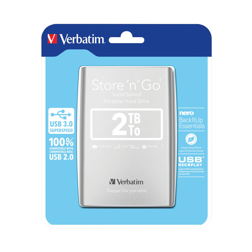 Verbatim Store n Go Portable Hard Drive 2TB 3.0 Silver