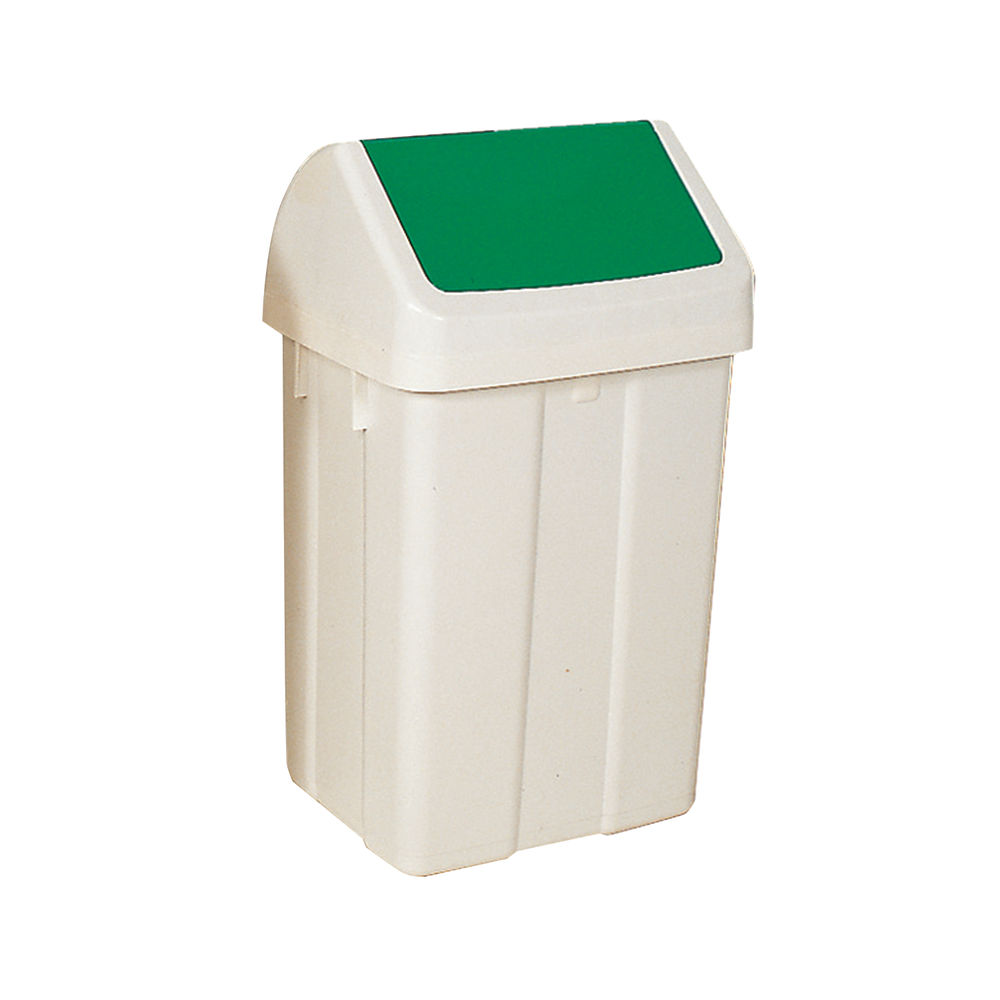 Plastic Swing Top Bin 50 Litre White With Green Lid 330351