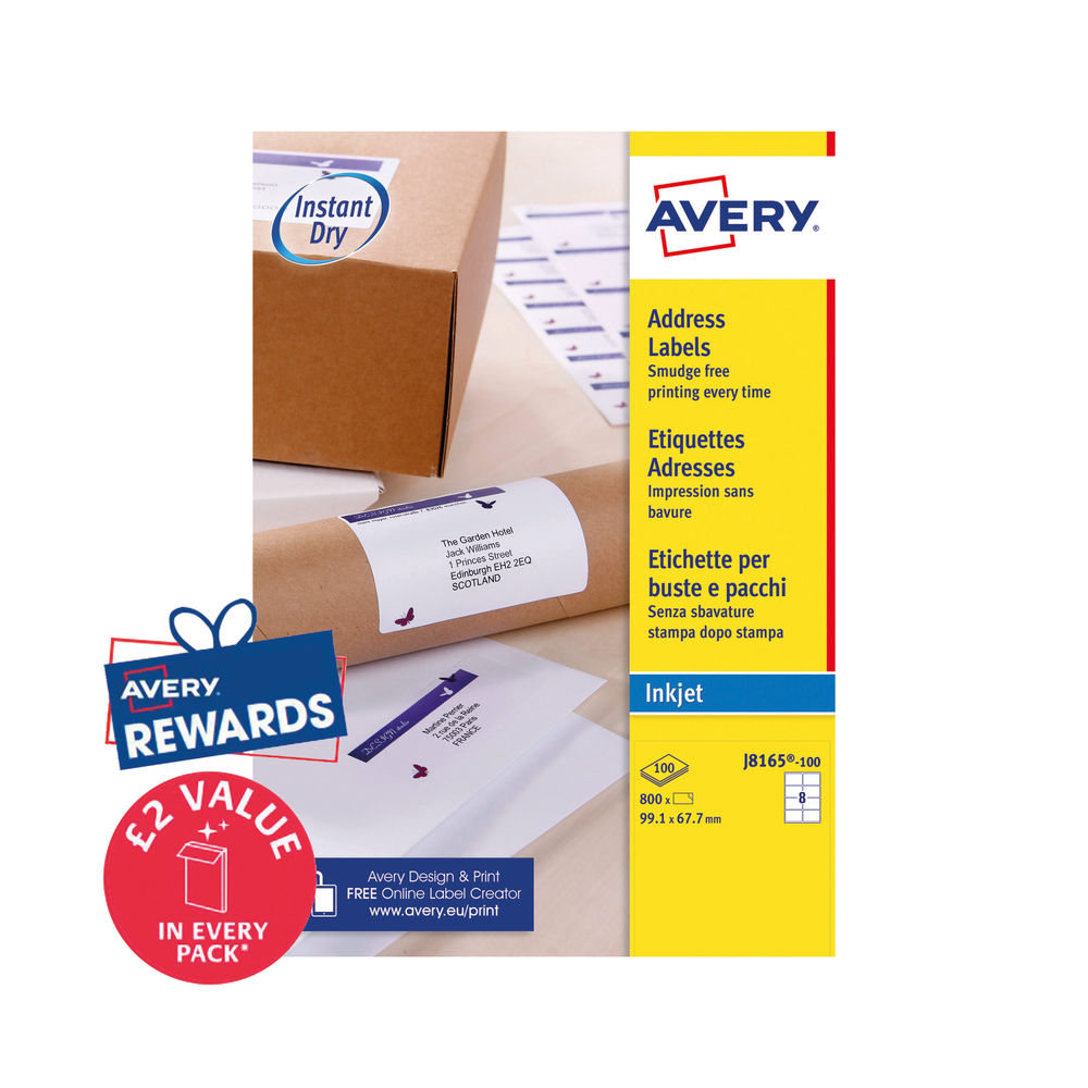 Avery Address Labels 800 Inkjet Labels White 99.1 x 67.7 mm | J8165-100