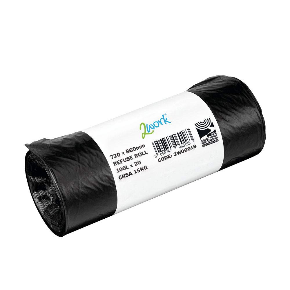 2Work 100L Black Refuse Sack Roll (Pack of 10)