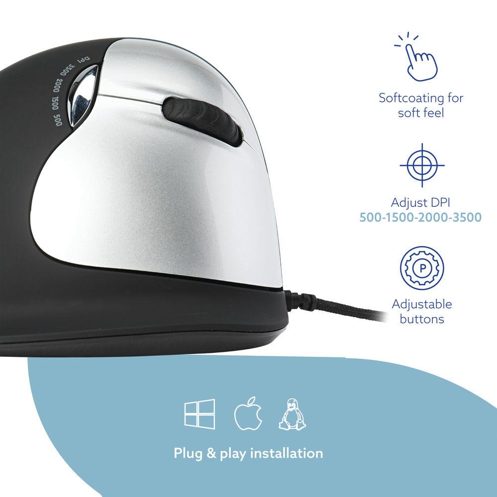 R-GO Black/Silver Large Right Handed Wired Ergonomic Mouse