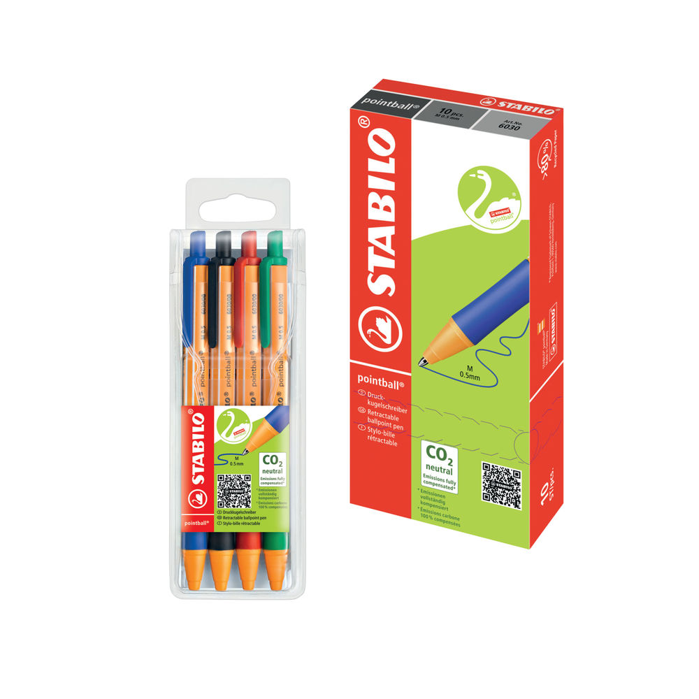 Stabilo Pointball Retractable Ballpoint Pens Black (Pack of 10) + FOC Assorted Pointball Pens