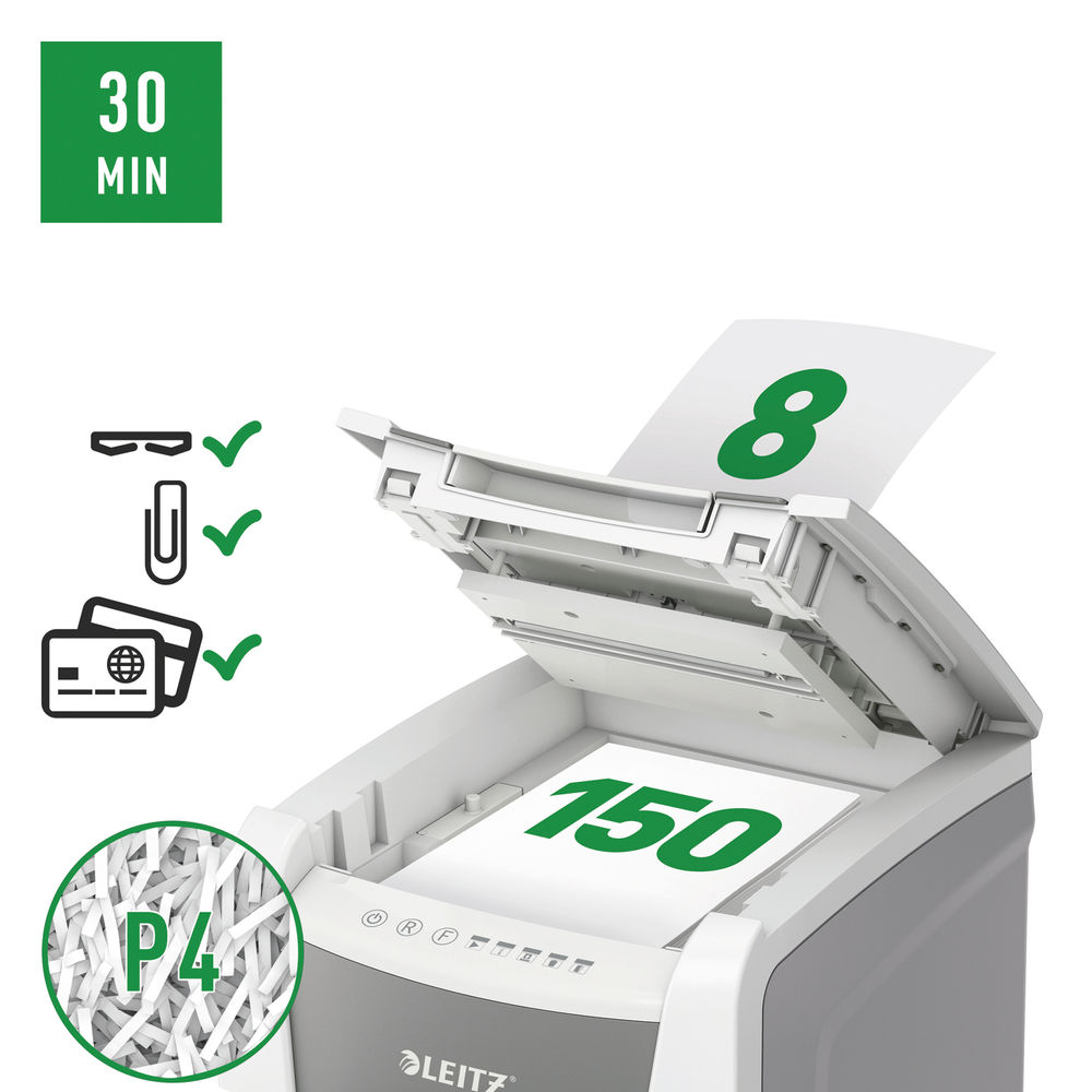 Leitz IQ Autofeed Office 150 Automatic Cross-Cut Paper Shredder P-4 White