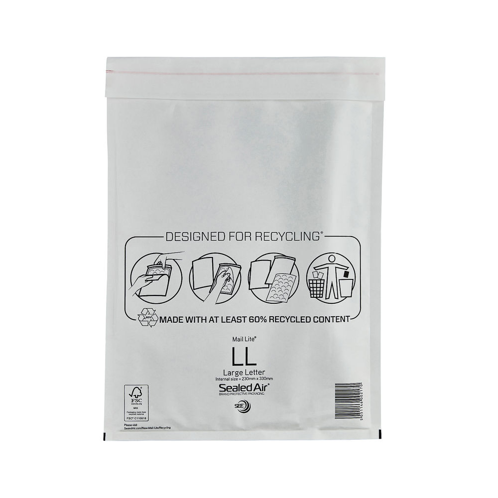 Mail Lite Bubble Lined Postal Bag Size LL 230x330mm White (Pack of 50) MAIL LITE LL