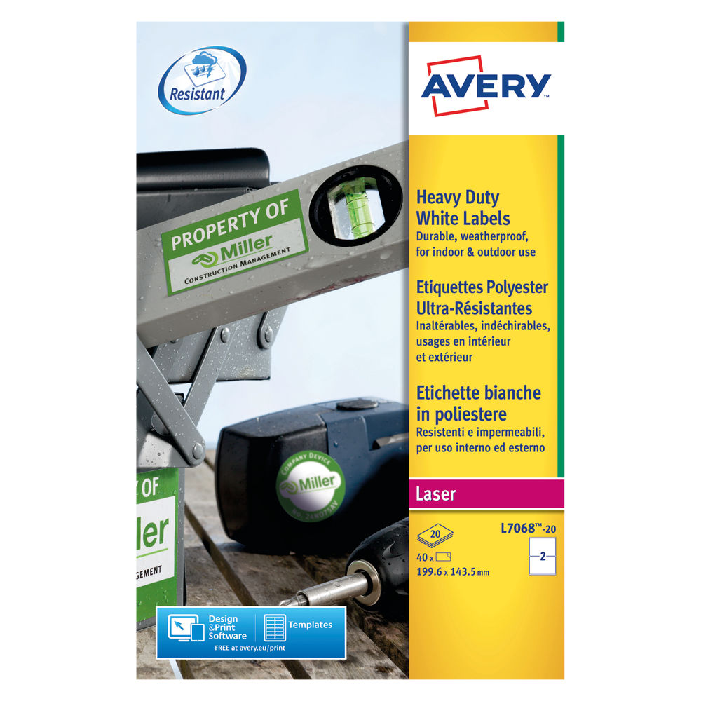 Avery Laser Labels 40 Heavy Duty Labels White 199.6 x 143.5 mm | L7068-20