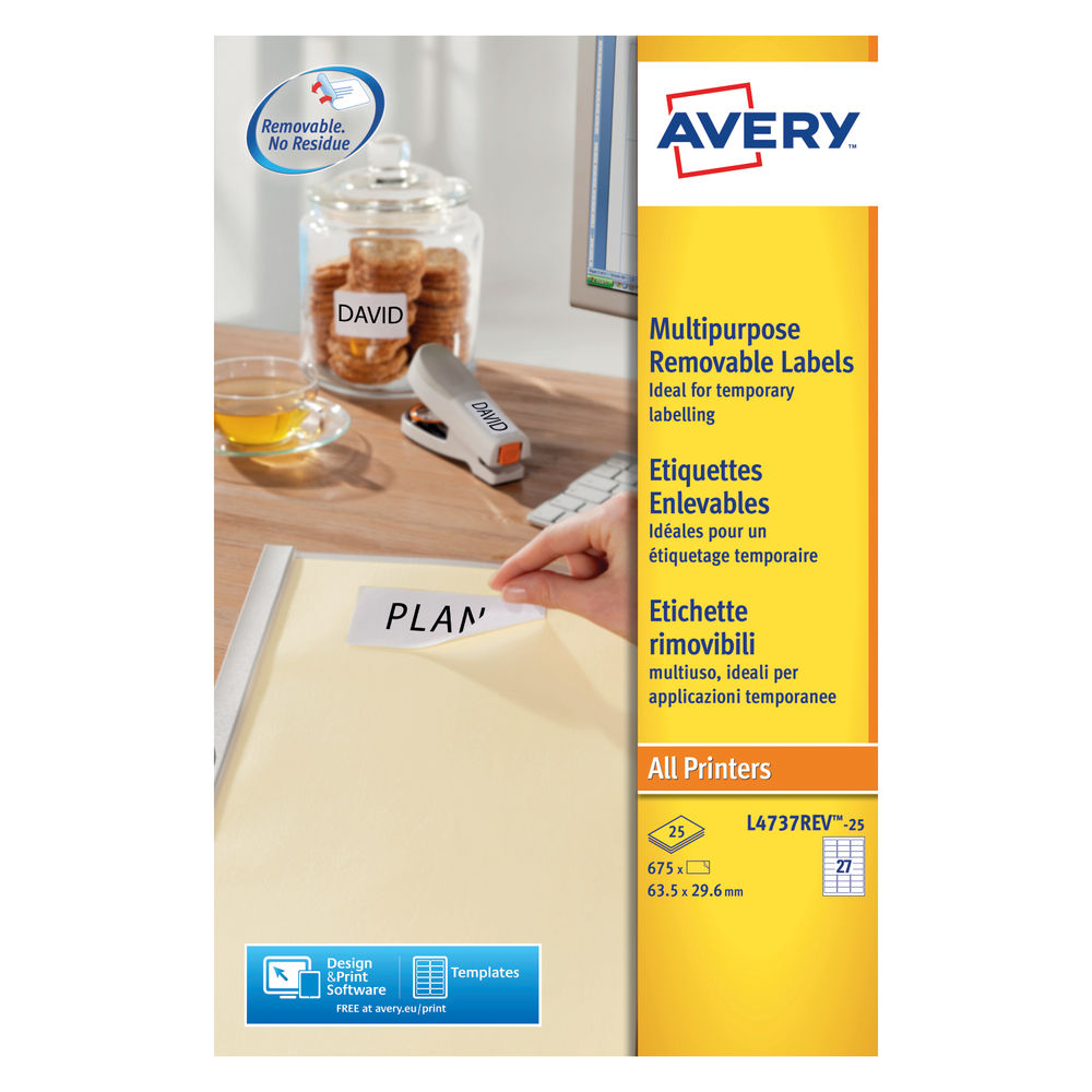 Avery Removable Labels 27 Per Sheet White (Pack of 675) L4737REV-25