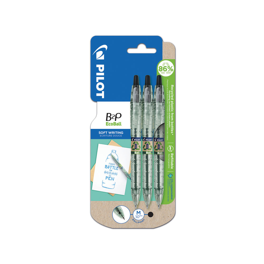 Pilot B2P Ecoball Black Medium Ballpoint Pens (Pack of 3)