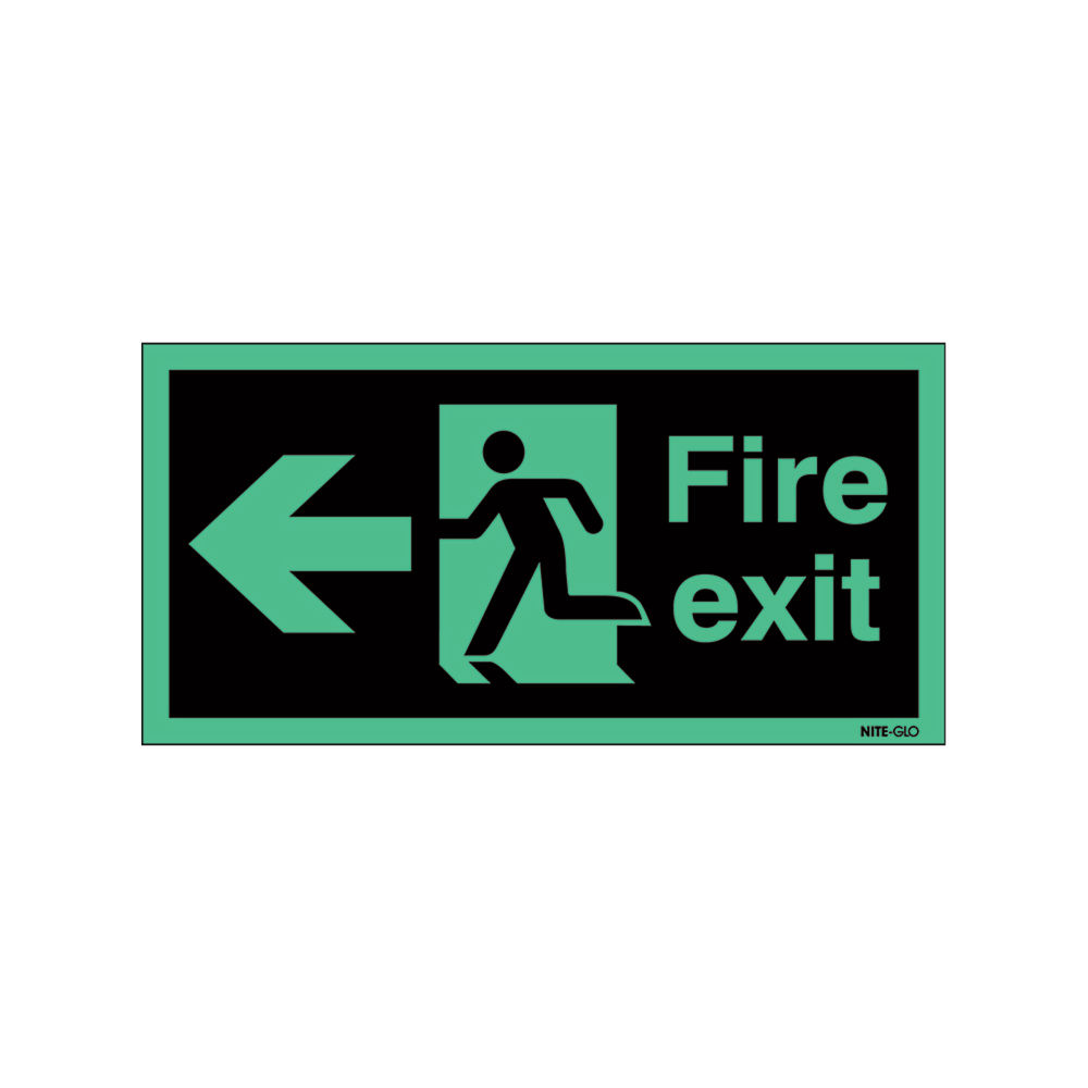 Safety Sign Niteglo Fire Exit Running Man Arrow Left 150x450mm Self-Adhesive NG27A/S