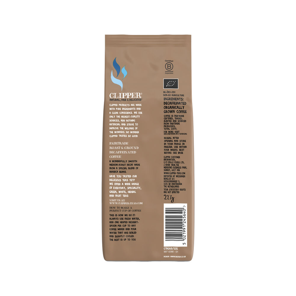 Clipper Fairtrade Decaffeinated Coffee Roast and Ground Organic 227g