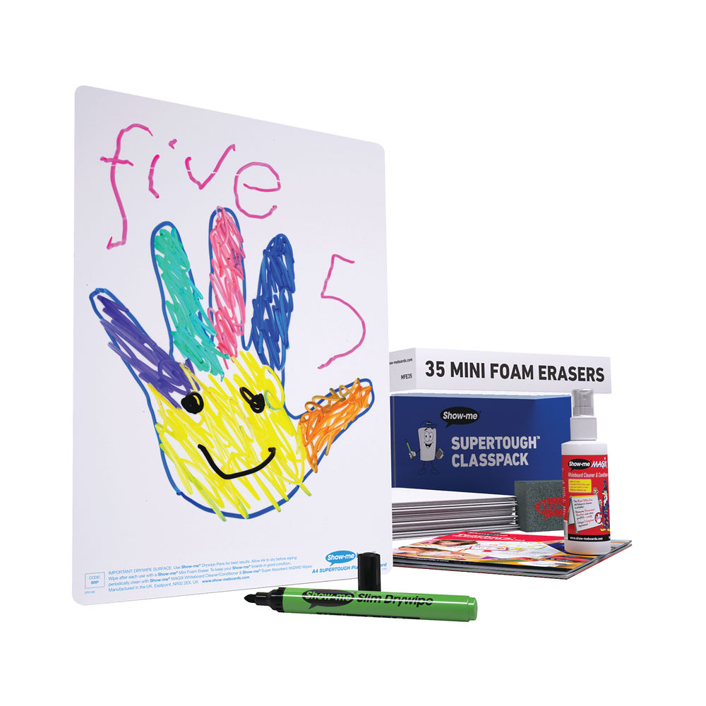 Show-me SUPERTOUGH A4 Whiteboards Plain/Plain Classpack (35 boards pens and erasers + Free cleaners)