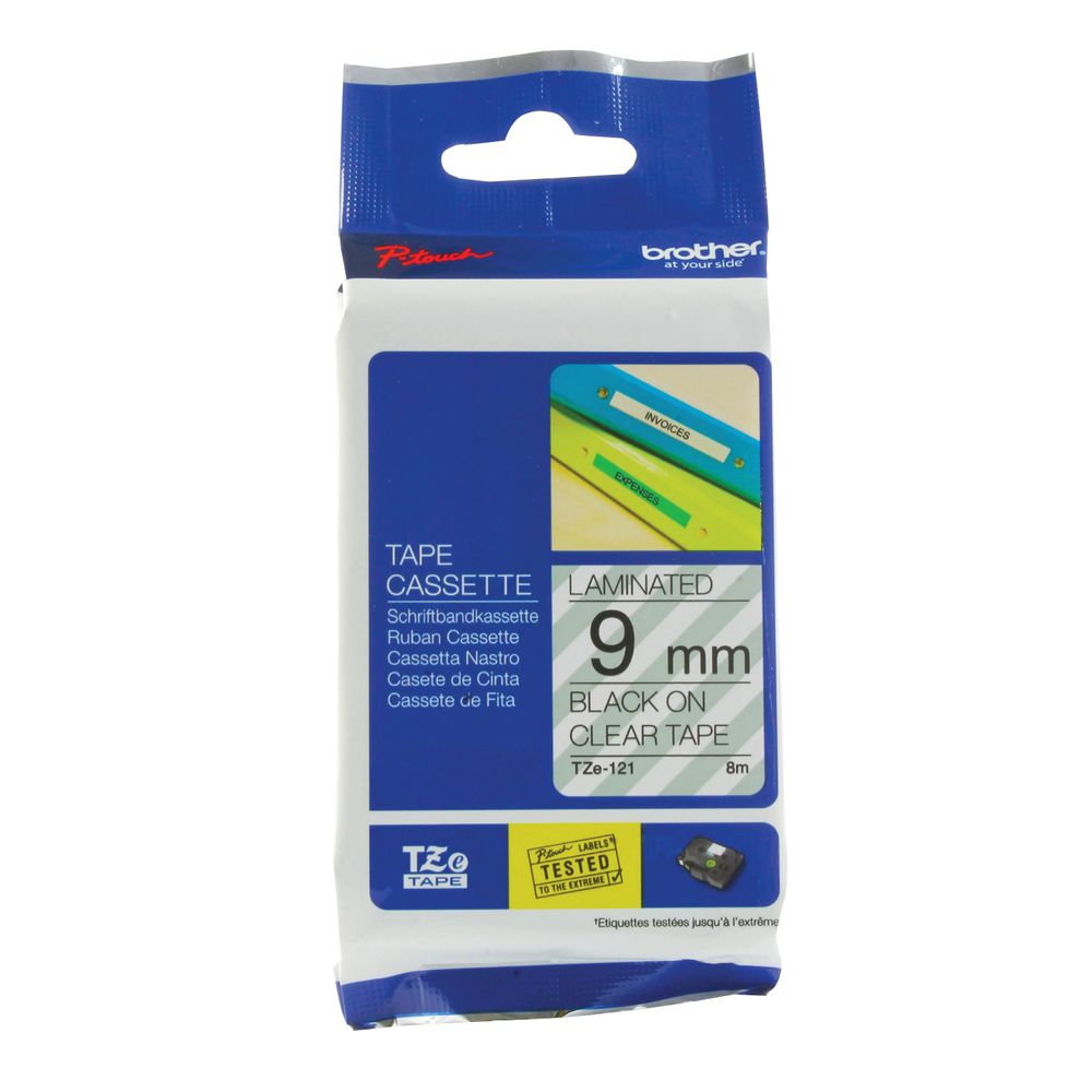 Brother P-Touch TZe 9mm Black on Clear Labelling Tape TZE121