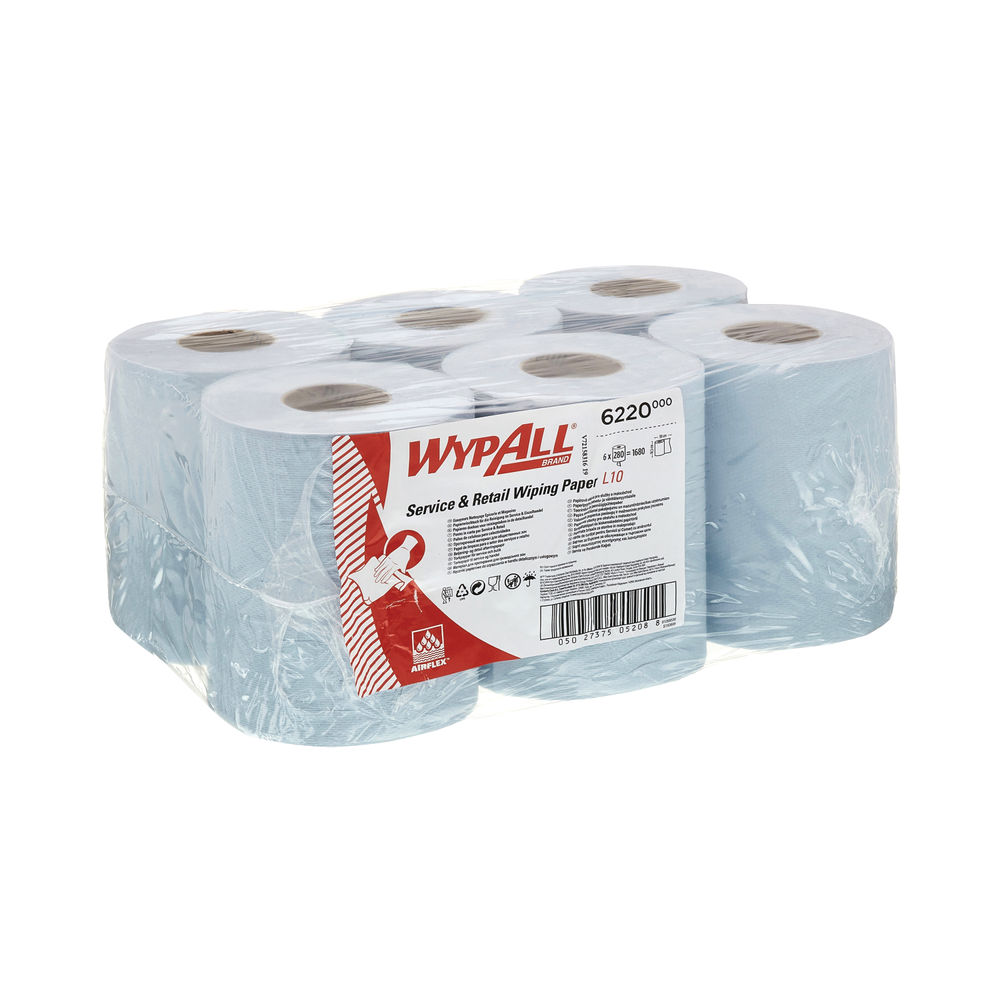 WypAll L10 Service and Retail Centrefeed Paper Rolls 1-Ply 6 Rolls/280 Wipes Blue (1680 Pack) 6220