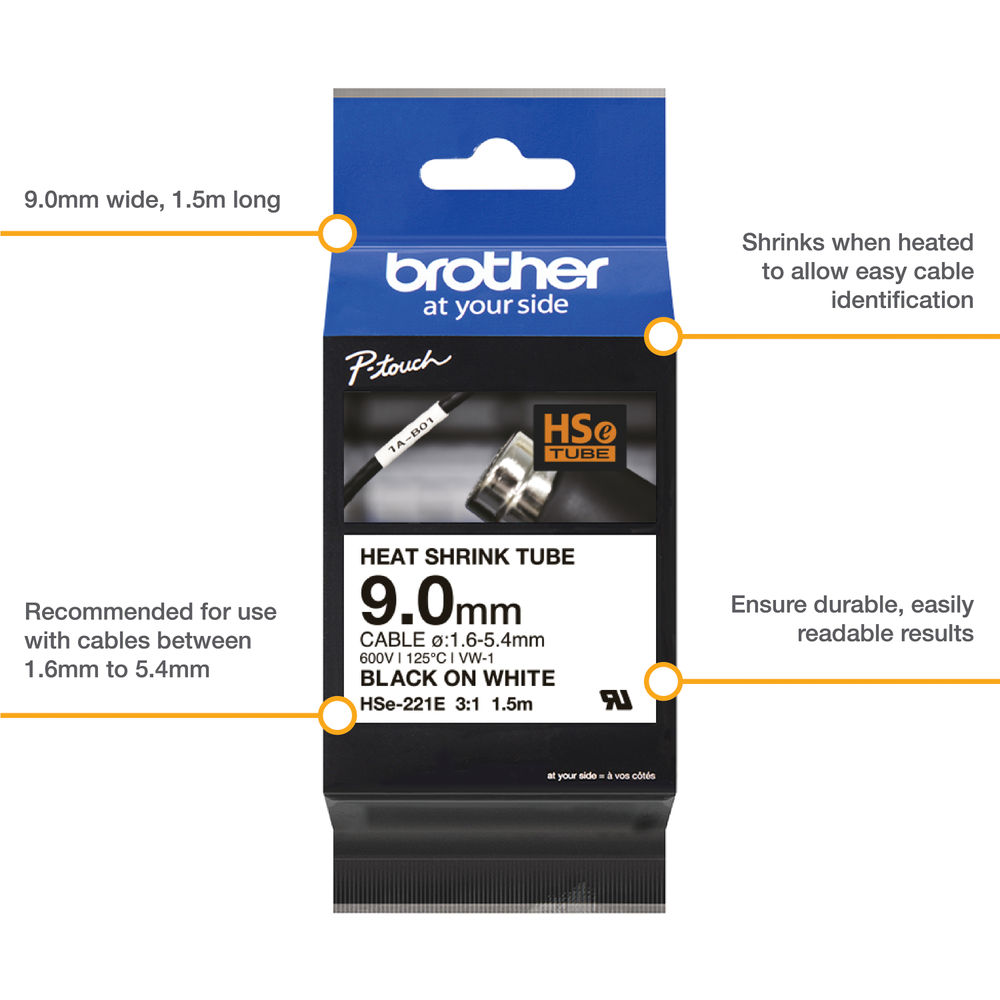 Brother HSe-221E 9.0mm Black on White Heat Shrink Tube Tape