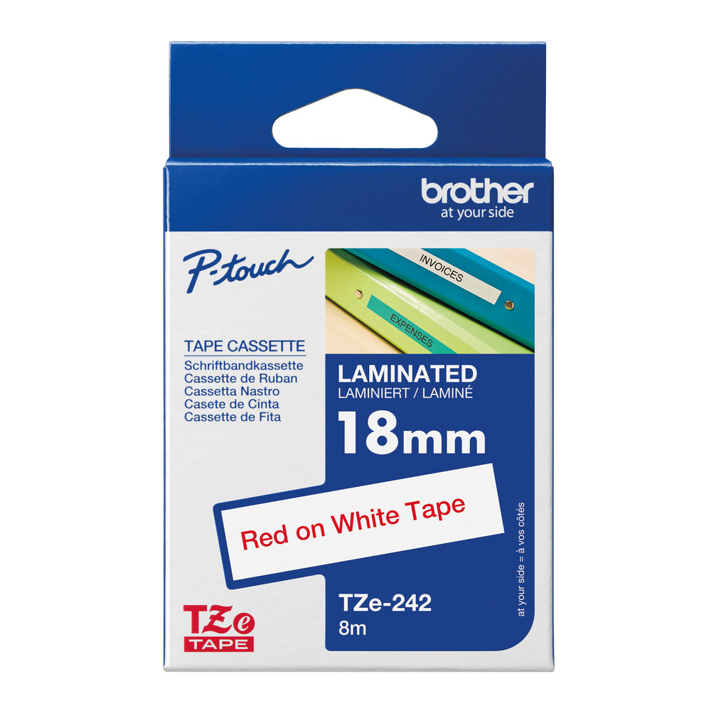 Brother P-Touch TZe Laminated Tape Cassette 18mm x 8m Red on White Tape TZE242