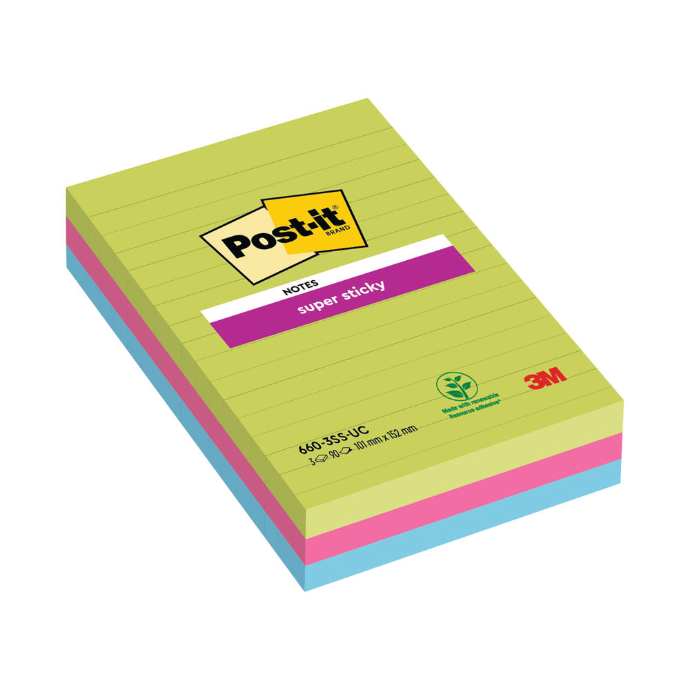 Post-it 101 x 152mm Ultra Super Sticky XXL Lined Notes, Pack of 3 | 660-3SSUC