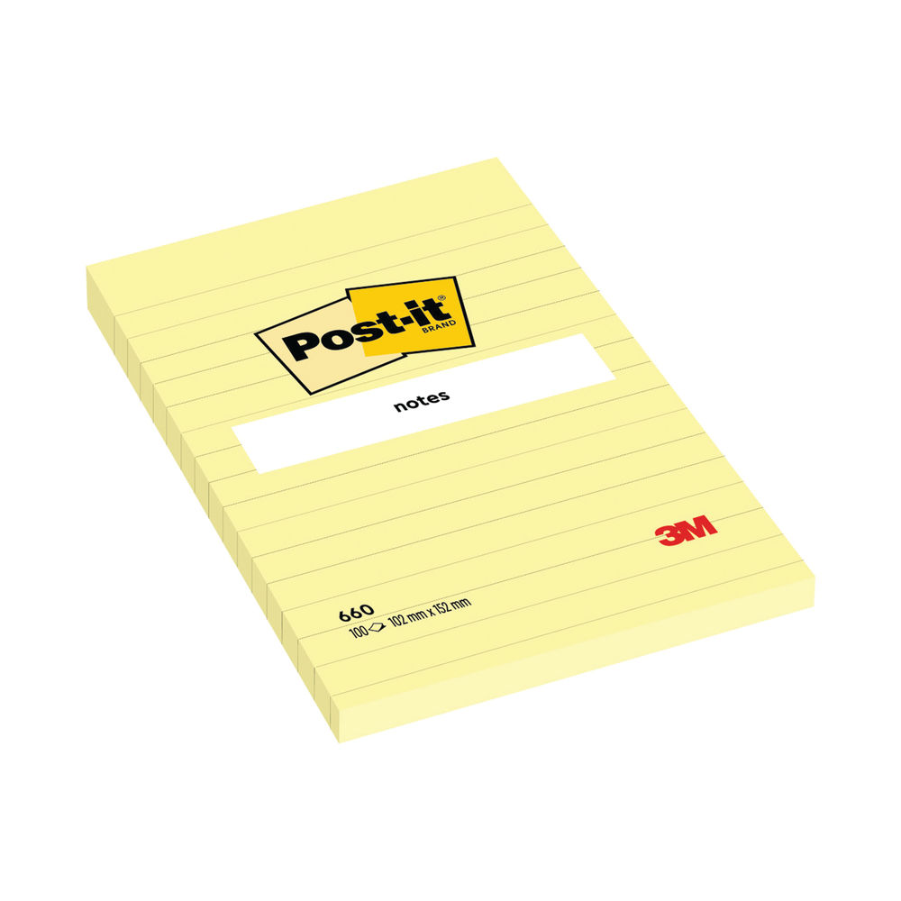 Post-it 101 x 152mm Canary Yellow Lined Notes, Pack of 6