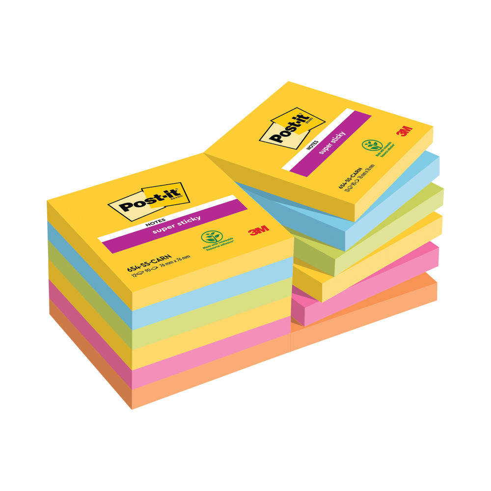 Post-it 76 x 76mm Rio Super Sticky Notes, Pack of 12 | 654-12SS-RIO