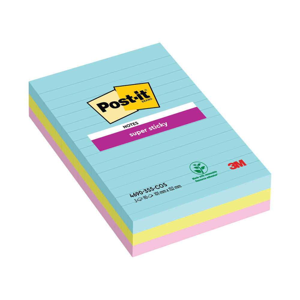 Post-it 101 x 152mm Miami Super Sticky XXL Lined Notes, Pack of 3 | 4690-SS3-MIA