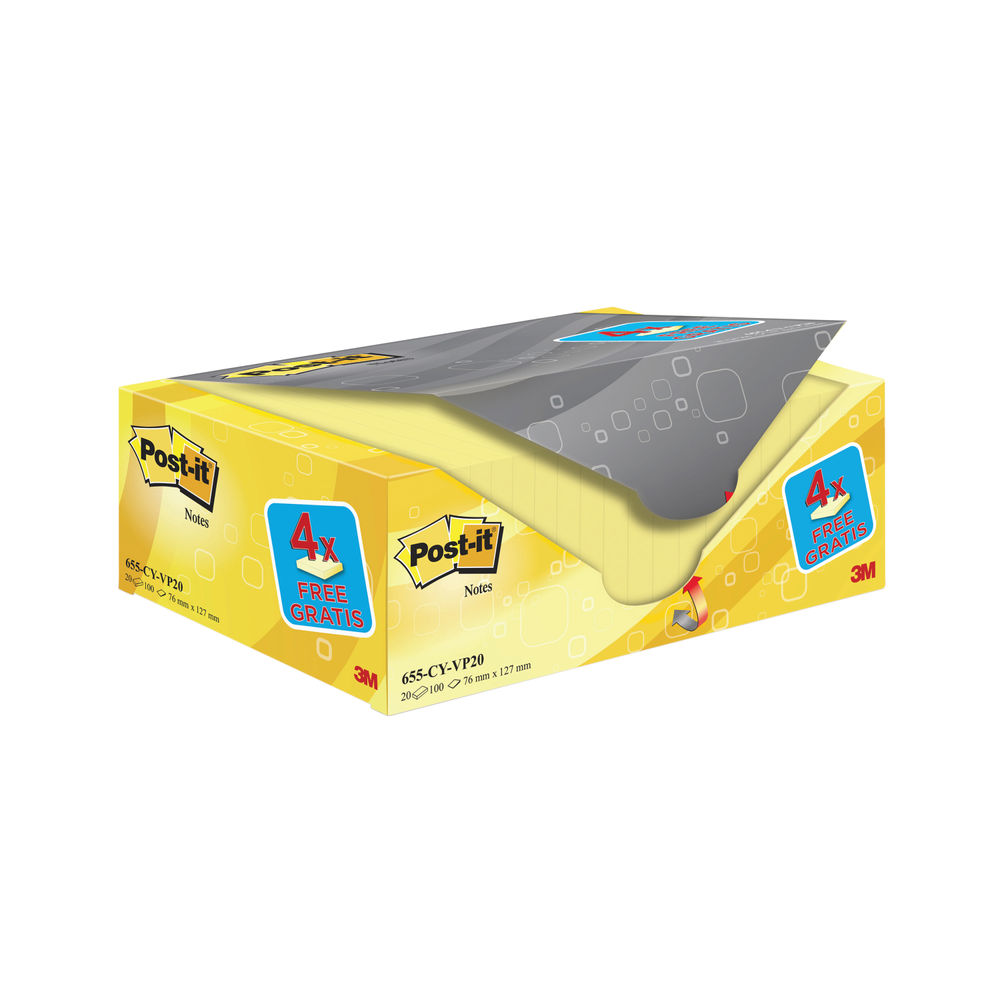 Post-it 76 x 127mm Canary Yellow Notes, Value Pack of 20 | 655CY-VP20