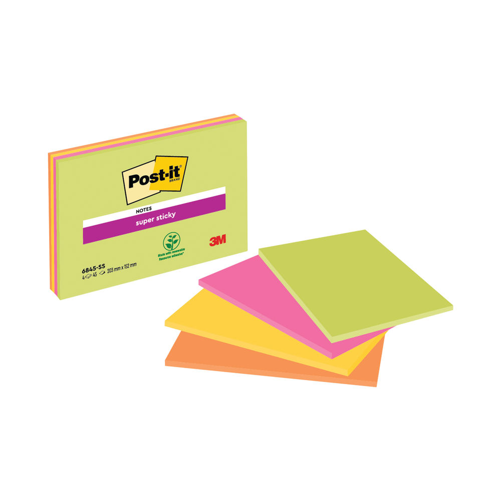 Post-it 200 x 149mm Neon Super Sticky Meeting Notes, Pack of 4 | 6845-SSP