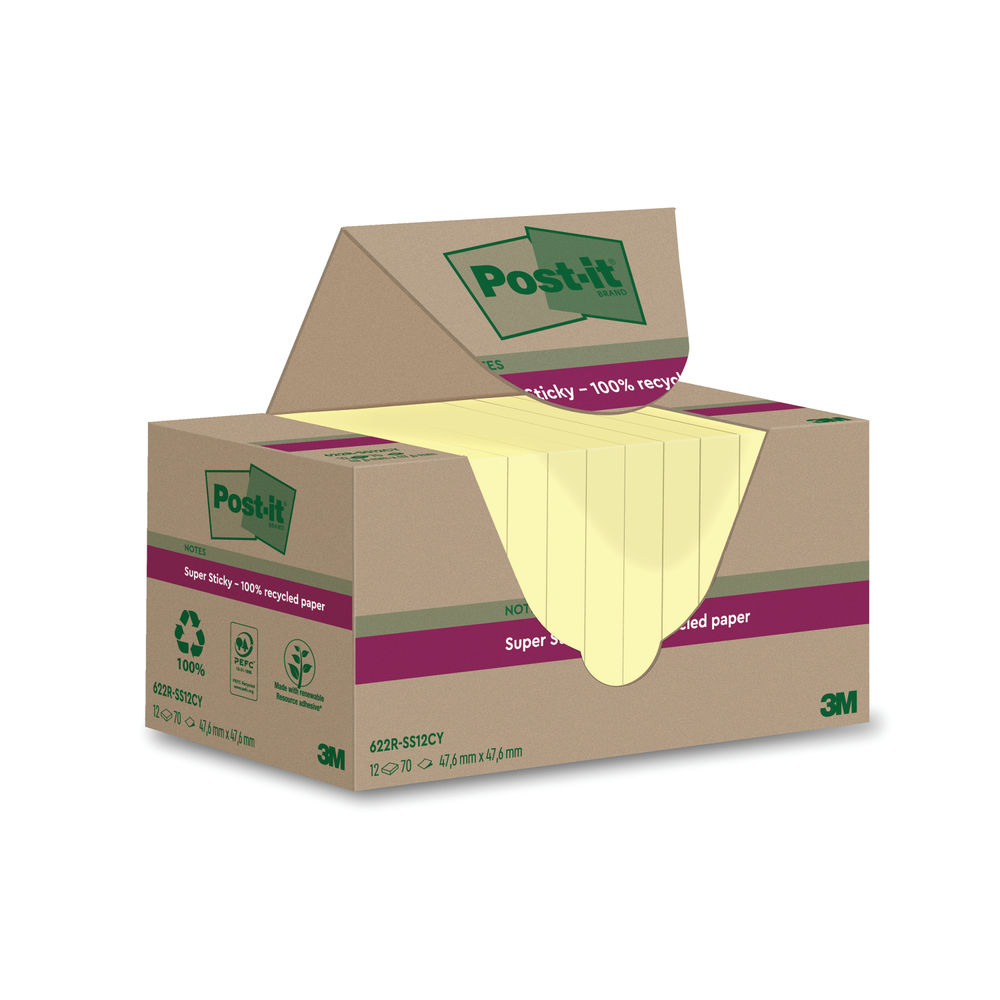 Post-it Super Sticky Recycled 47.6x47.6mm Yellow (Pack of 12)