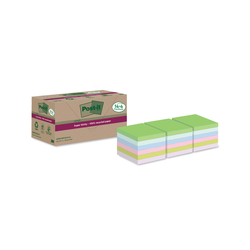 Post-it Super Sticky Recycled 76x76 Assorted (Pack of 18)