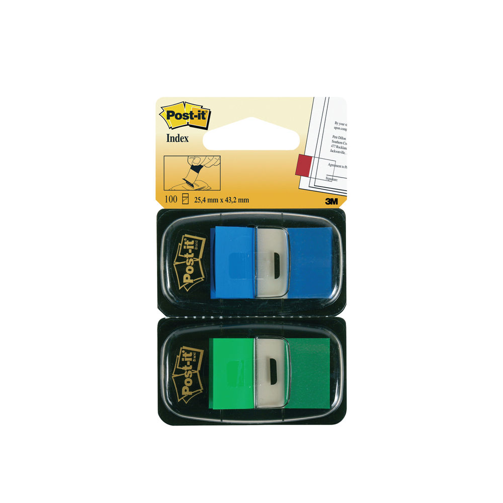 Post-It 25mm Green/Blue Index Tabs Dual Pack (Pack of 100)