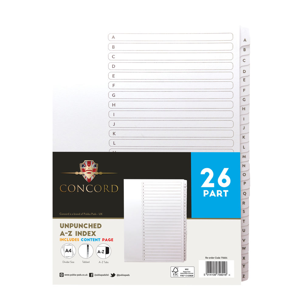 Concord Unpunched Index A-Z 26 Part A4 160gsm White (Pack of 5) 75601