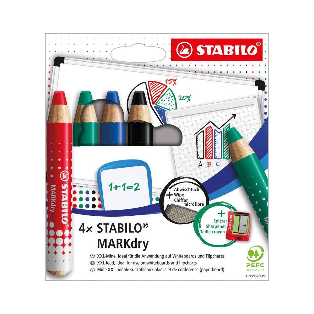Stabilo Markdry Whiteboard Pencil x4 Assorted +Sharpener/Cloth 648/4-5