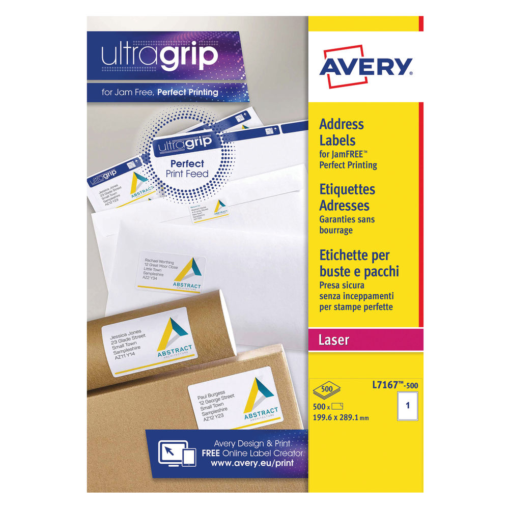 Avery Ultragrip Laser Parcel Labels 199.6 x 289.1mm 1 Per Sheet White (Pack of 500) L7167-500