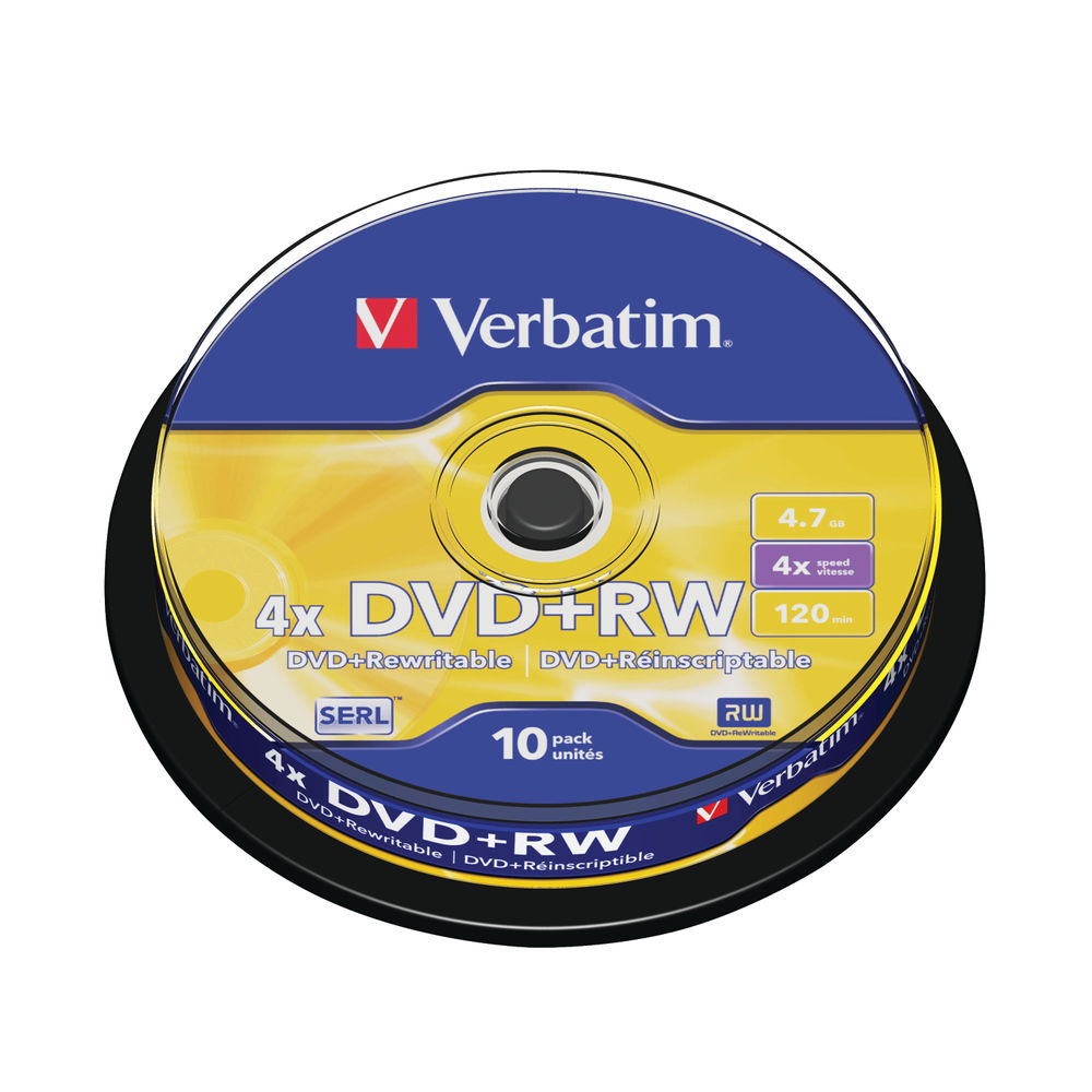 Verbatim 4.7GB 4x Speed Rewriteable DVD+RW Spindle, Pack of 10 | 43488