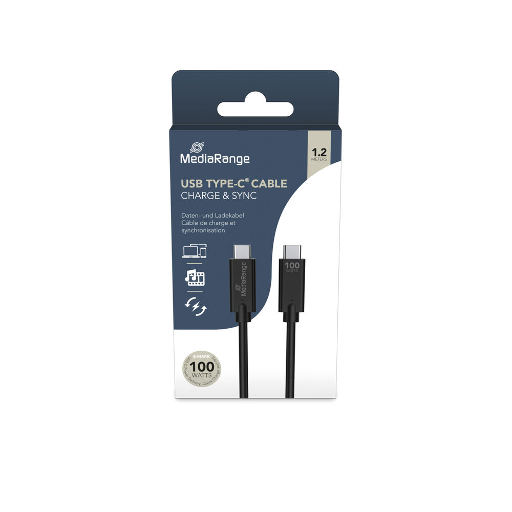 MediaRange 1.2m Black 100W USB Type-C Charge and Sync Cable