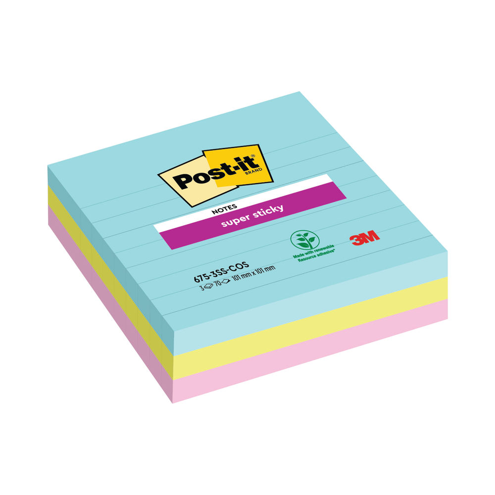 Post-it 101 x 101mm Miami Super Sticky XL Lined Notes, Pack of 3 | 675-SS3-MIA